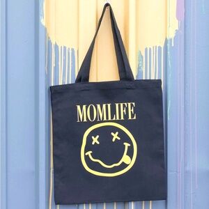 Black Tote Bag with Gold 'MOMLIFE' Design